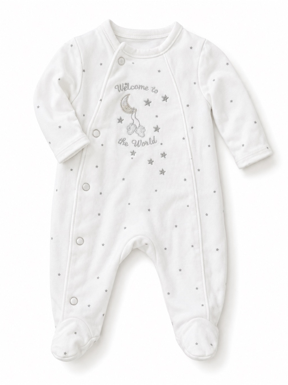 Little Me White Footed One-Piece with Silver Star & Moon Embroidery